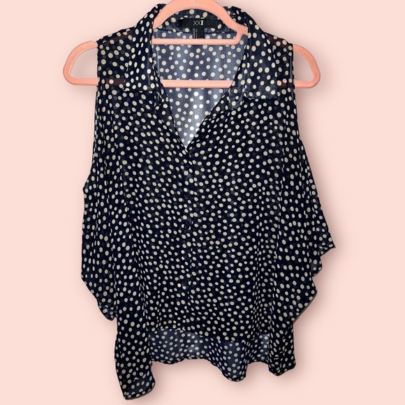 Navy Open Shoulder Button Down Blouse w/ Cream Polkadots - Picture 10 of 12